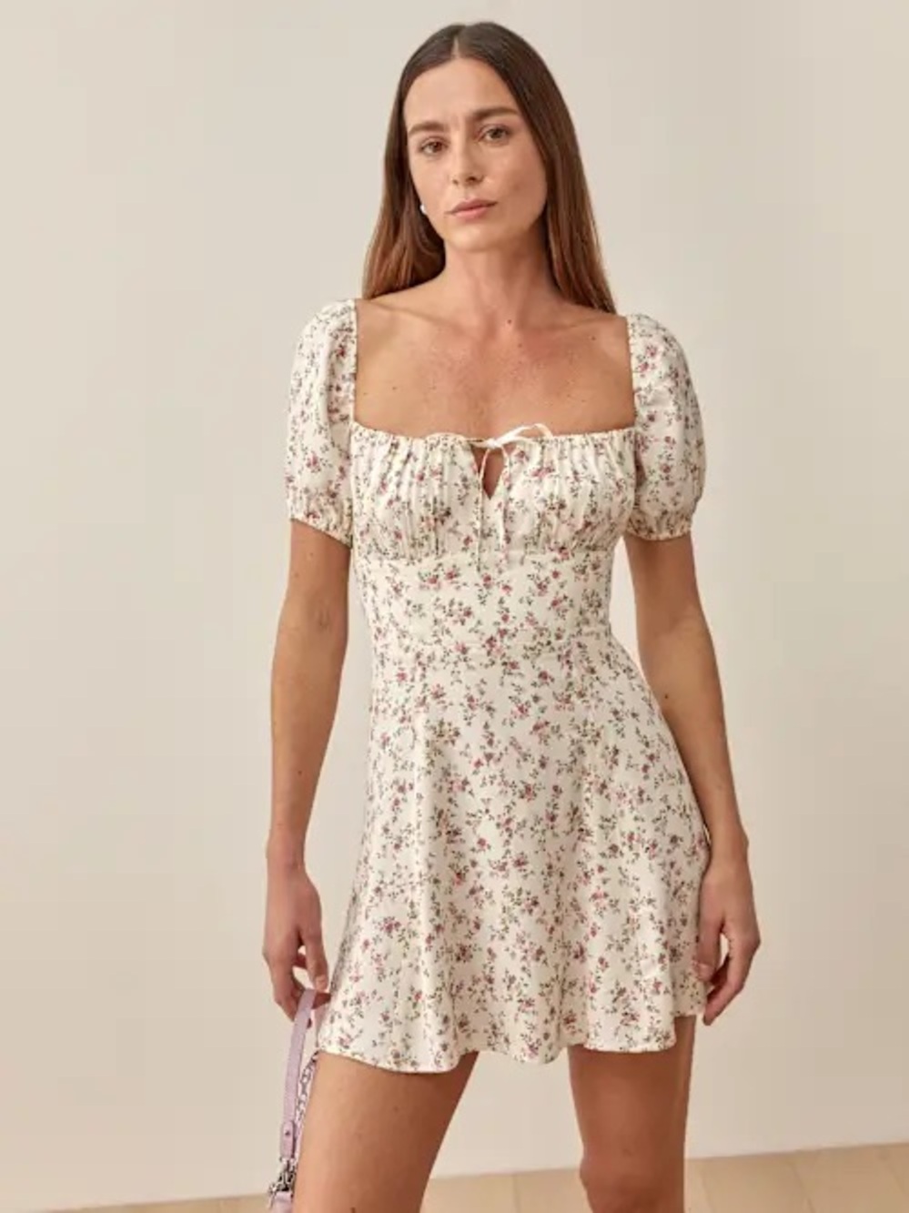 Reformation || Corbin Mini Dress in Boheme Floral Milkmaid Peasant Cream Pink 2